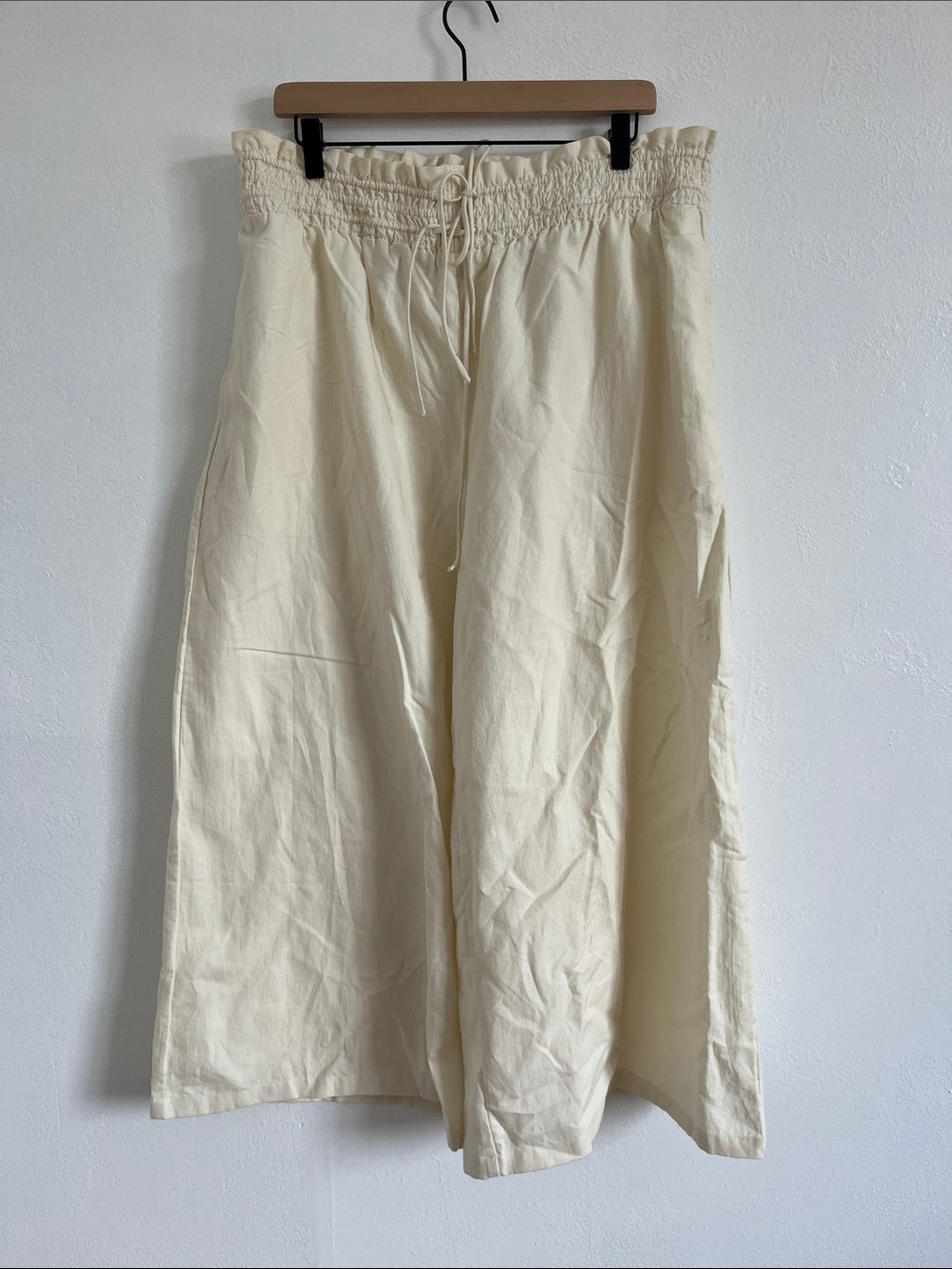 By Anthropologie Cream Elastic Waist Linen Pull-On Wide Leg Pants Large